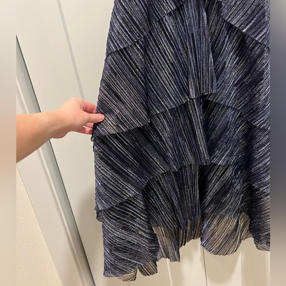 Maje Paris Full Lamé Dress with Ruffles Silver and Blue Sheer Back - Picture 6 of 11